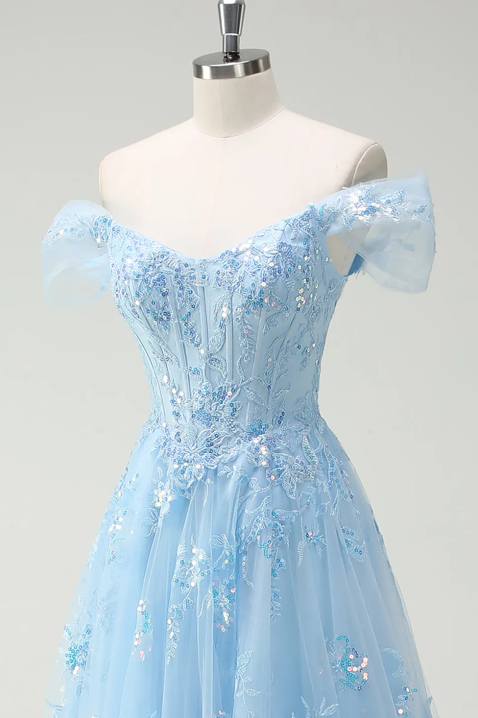Sparkly Sky Blue fora do ombro A-Line vestido de baile com fenda