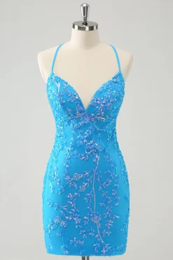 Sparkly Sky Blue Tight Short Homecoming Dress com renda-up para trás
