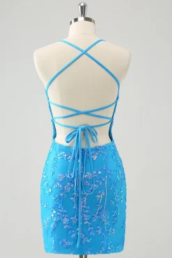 Sparkly Sky Blue Tight Short Homecoming Dress com renda-up para trás