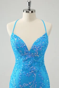 Sparkly Sky Blue Tight Short Homecoming Dress com renda-up para trás