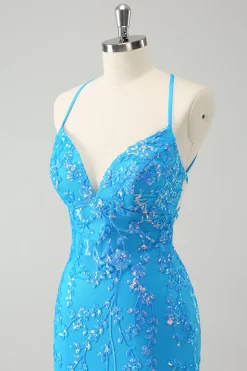 Sparkly Sky Blue Tight Short Homecoming Dress com renda-up para trás