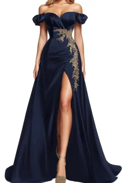 Sparkly Small Puff Mangas Navy Blue Beaded Cetim Uma Linha Vestido Formal com Fenda