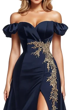 Sparkly Small Puff Mangas Navy Blue Beaded Cetim Uma Linha Vestido Formal com Fenda