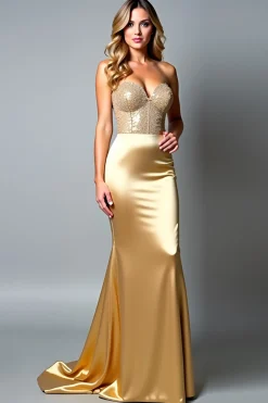 Sparkly Strapless frisado Golden Sheath Prom Dress