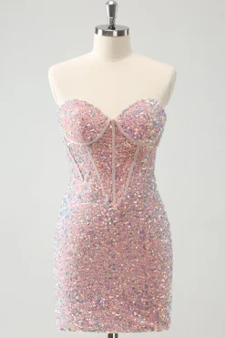 Sparkly Strapless Light Pink Tight Short Homecoming Dress com Sequins