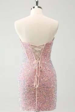 Sparkly Strapless Light Pink Tight Short Homecoming Dress com Sequins