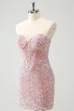 Sparkly Strapless Light Pink Tight Short Homecoming Dress com Sequins