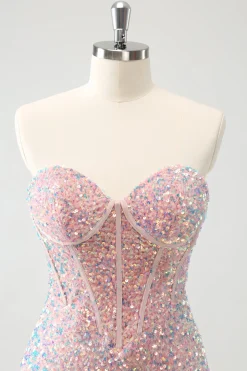 Sparkly Strapless Light Pink Tight Short Homecoming Dress com Sequins