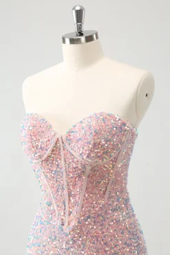 Sparkly Strapless Light Pink Tight Short Homecoming Dress com Sequins