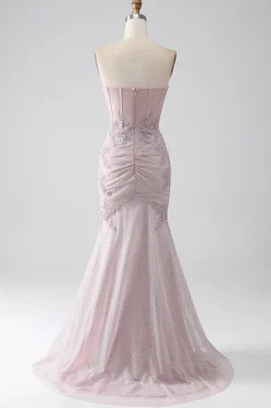 Sparkly Strapless Sereia Corset Prom Dress com Appliques