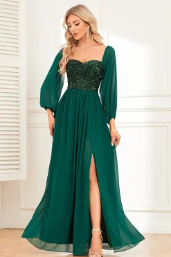 Sparkly Sweetheart mangas longas vestido formal de pinho com lantejoulas
