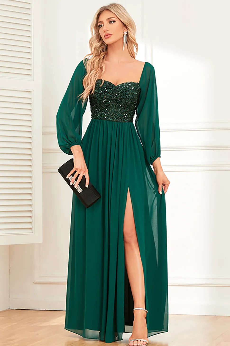 Sparkly Sweetheart mangas longas vestido formal de pinho com lantejoulas