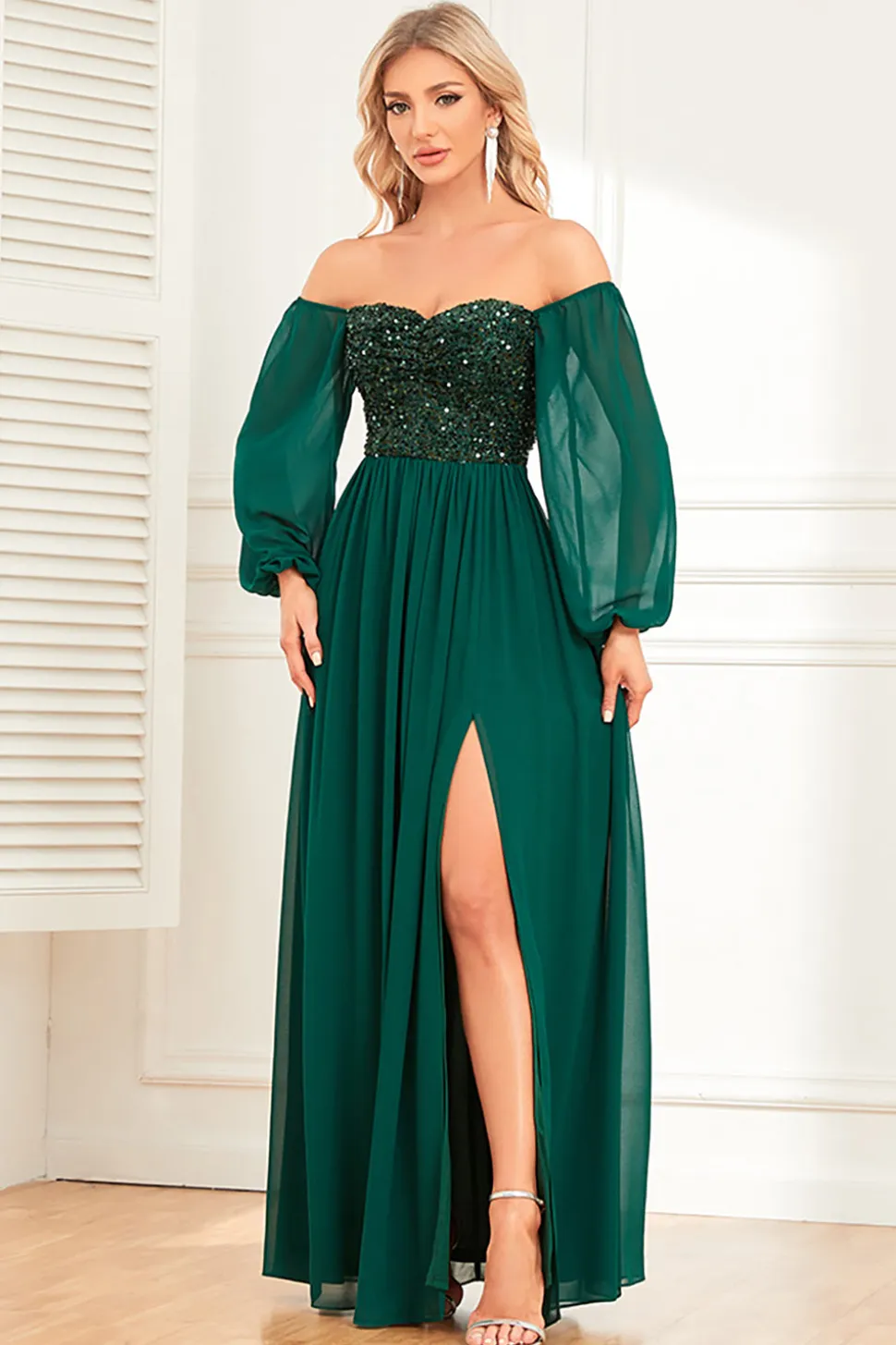 Sparkly Sweetheart mangas longas vestido formal de pinho com lantejoulas