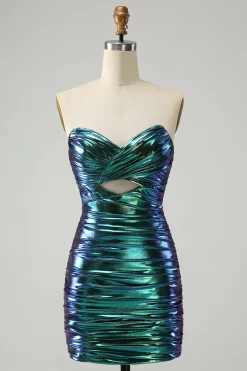 Sparkly Teal Blue Bodycon Querida Ruched Short Homecoming Dress