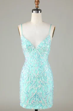 Sparkly Tight Esparguete Correias Verde Homecoming Dress com Backless
