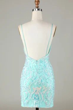 Sparkly Tight Esparguete Correias Verde Homecoming Dress com Backless