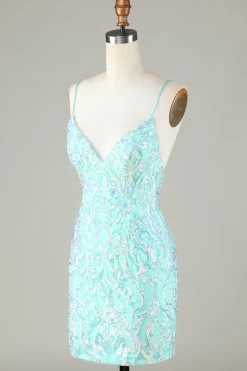 Sparkly Tight Esparguete Correias Verde Homecoming Dress com Backless