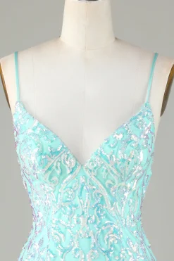 Sparkly Tight Esparguete Correias Verde Homecoming Dress com Backless