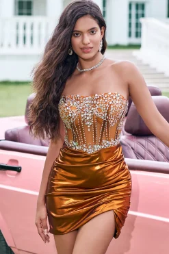 Sparkly Tight Strapless Corset plissado cobre Homecoming Dress com frisos
