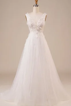Sparkly Tule frisado marfim longo vestido de noiva