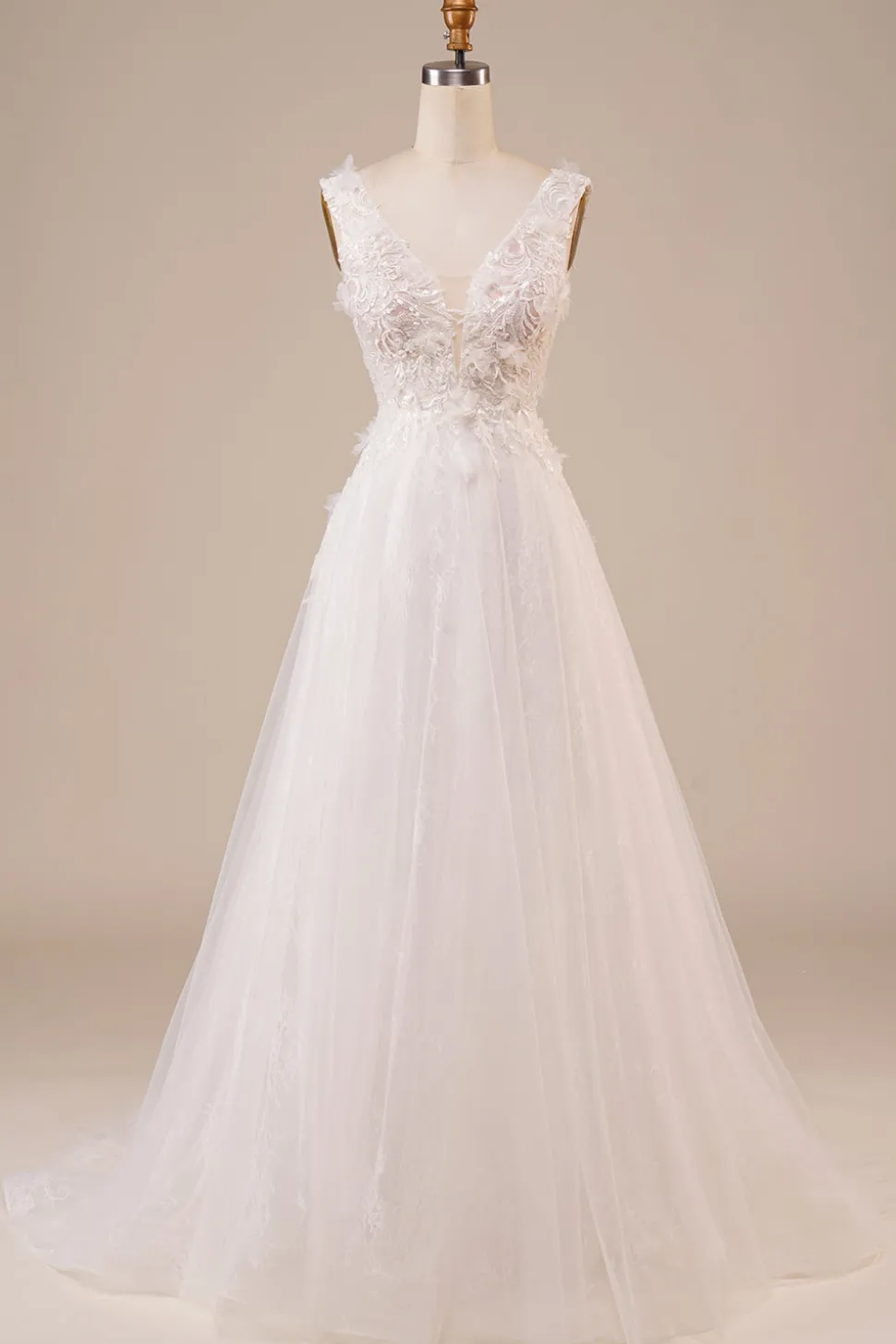 Sparkly Tule frisado marfim longo vestido de noiva