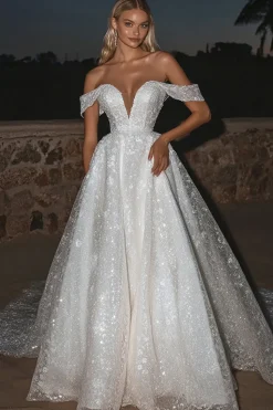 Sparkly Tule Marfim Fora do Ombro Uma Linha Vestido de Noiva