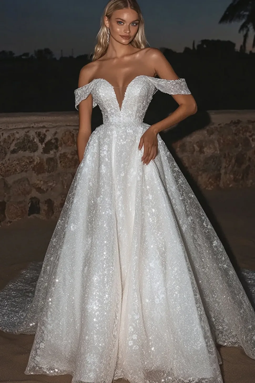 Sparkly Tule Marfim Fora do Ombro Uma Linha Vestido de Noiva