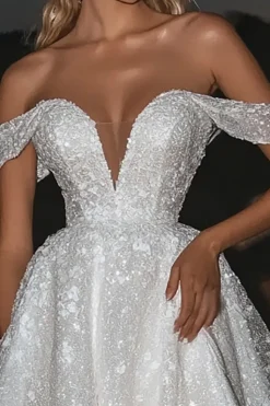 Sparkly Tule Marfim Fora do Ombro Uma Linha Vestido de Noiva