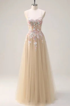 Sparkly Tulle Champagne A-Line Vestido de baile de lantejoulas florais com apliques