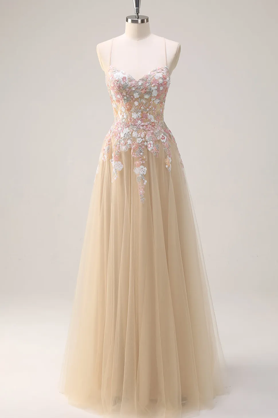 Sparkly Tulle Champagne A-Line Vestido de baile de lantejoulas florais com apliques