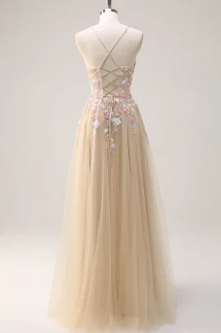 Sparkly Tulle Champagne A-Line Vestido de baile de lantejoulas florais com apliques