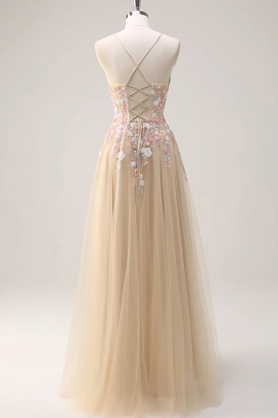 Sparkly Tulle Champagne A-Line Vestido de baile de lantejoulas florais com apliques