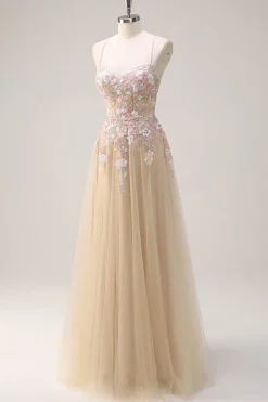 Sparkly Tulle Champagne A-Line Vestido de baile de lantejoulas florais com apliques