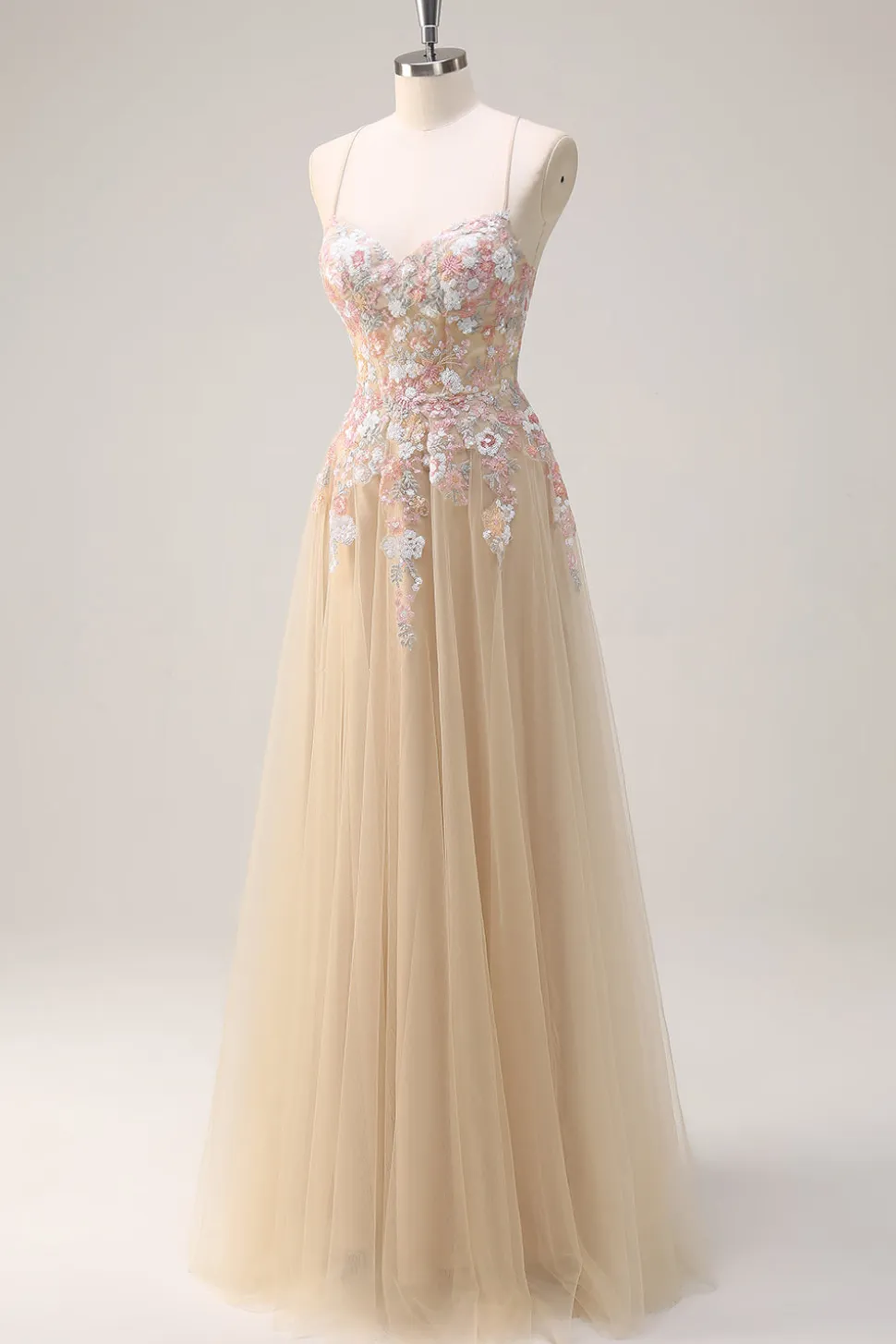 Sparkly Tulle Champagne A-Line Vestido de baile de lantejoulas florais com apliques