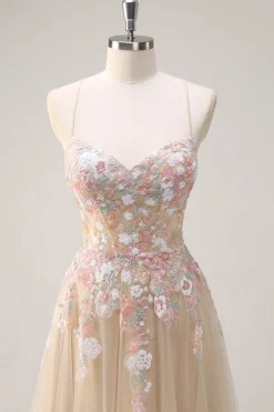 Sparkly Tulle Champagne A-Line Vestido de baile de lantejoulas florais com apliques