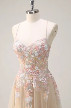 Sparkly Tulle Champagne A-Line Vestido de baile de lantejoulas florais com apliques