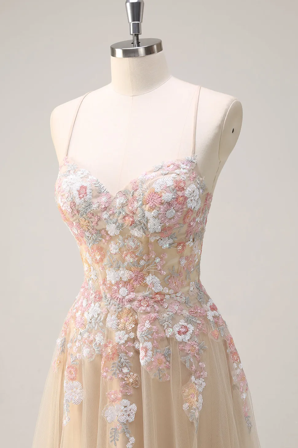 Sparkly Tulle Champagne A-Line Vestido de baile de lantejoulas florais com apliques
