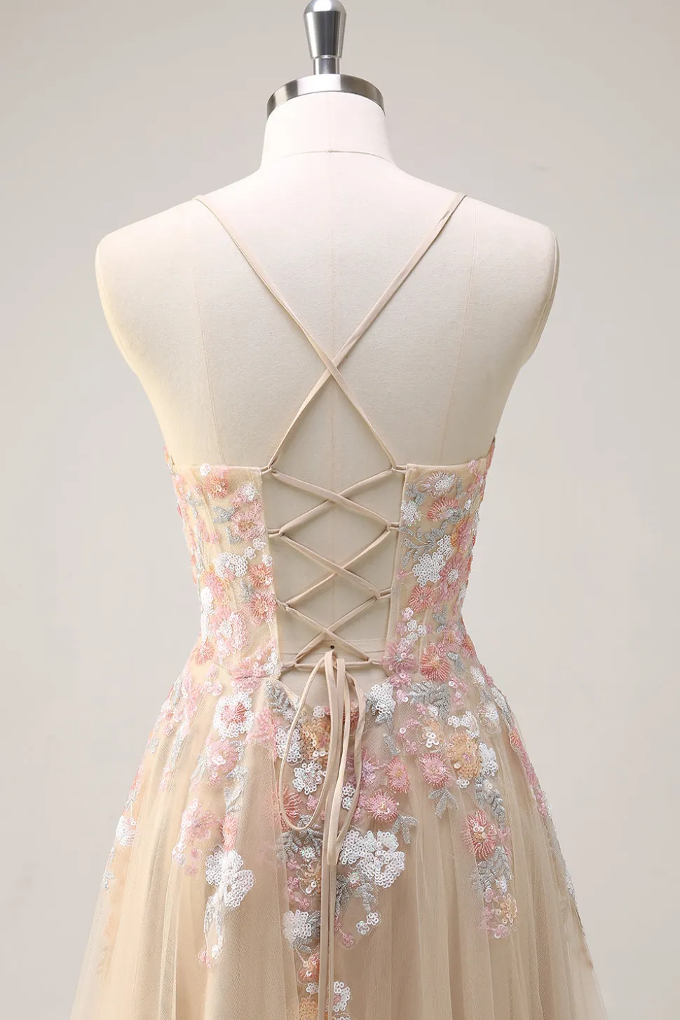 Sparkly Tulle Champagne A-Line Vestido de baile de lantejoulas florais com apliques