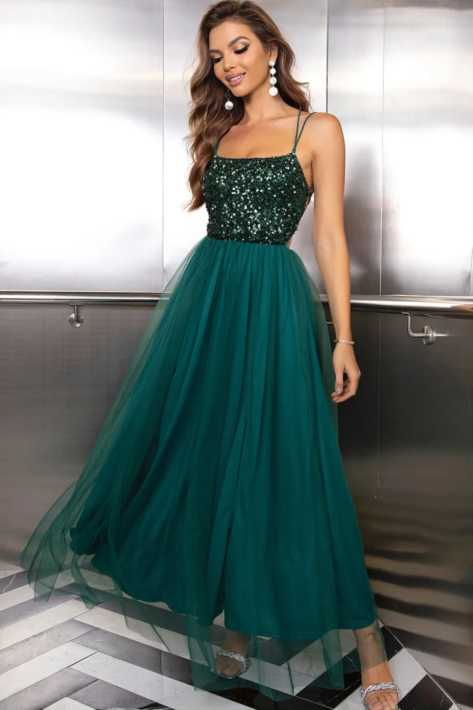 Sparkly Tulle Lace-Up Back Pine Vestido Formal com Sequins