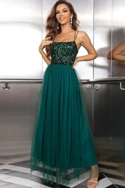 Sparkly Tulle Lace-Up Back Pine Vestido Formal com Sequins