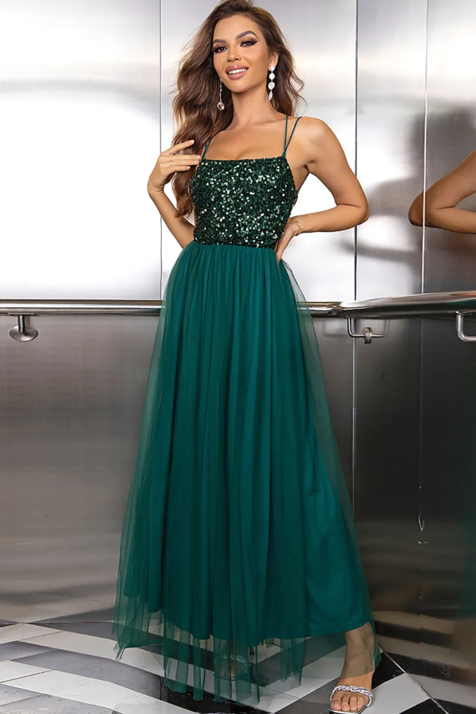 Sparkly Tulle Lace-Up Back Pine Vestido Formal com Sequins