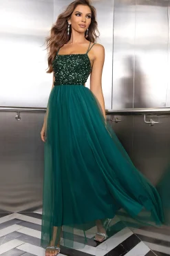 Sparkly Tulle Lace-Up Back Pine Vestido Formal com Sequins