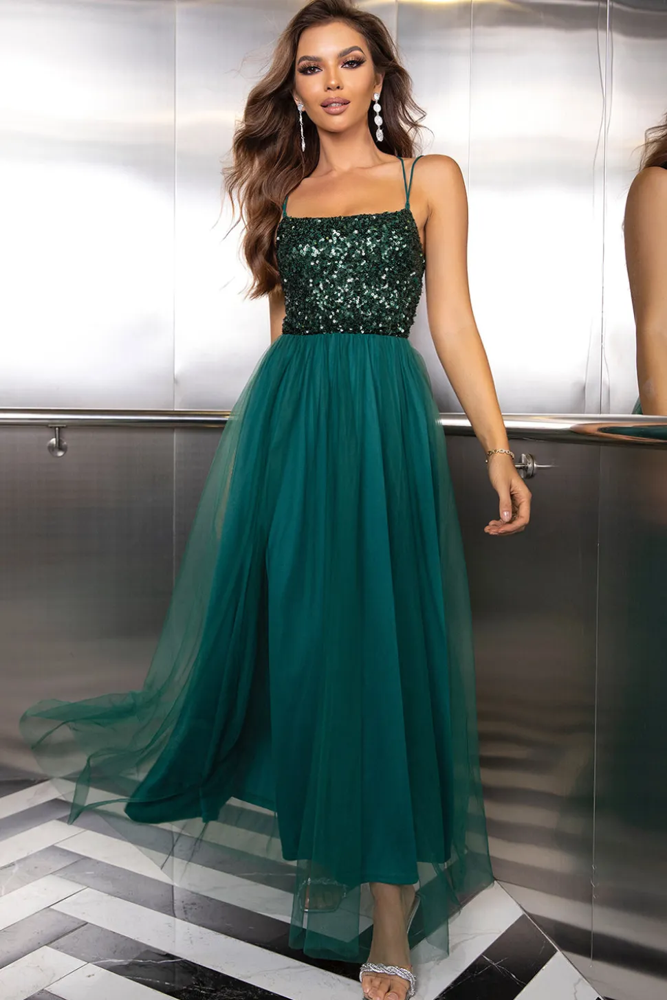 Sparkly Tulle Lace-Up Back Pine Vestido Formal com Sequins