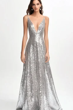 Sparkly V Neck Prata Sequined Uma Linha Vestido Formal