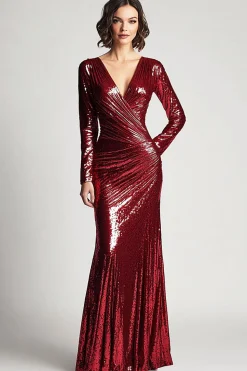 Sparkly V Neck Ruched Borgonha Mãe do Vestido da Noiva com Mangas Longas