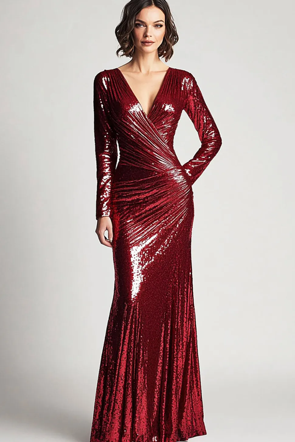 Sparkly V Neck Ruched Borgonha Mãe do Vestido da Noiva com Mangas Longas