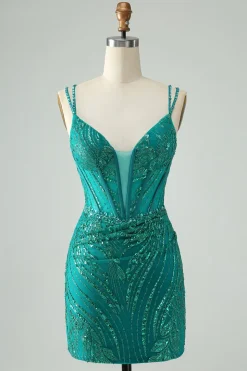 Sparkly verde escuro Bodycon Corset Short Homecoming Dress com Sequins