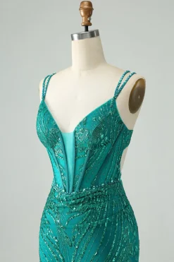 Sparkly verde escuro Bodycon Corset Short Homecoming Dress com Sequins