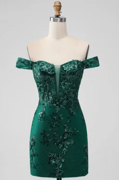 Sparkly verde escuro fora do ombro apertado curto Homecoming Dress com Sequins