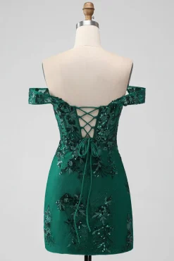 Sparkly verde escuro fora do ombro apertado curto Homecoming Dress com Sequins